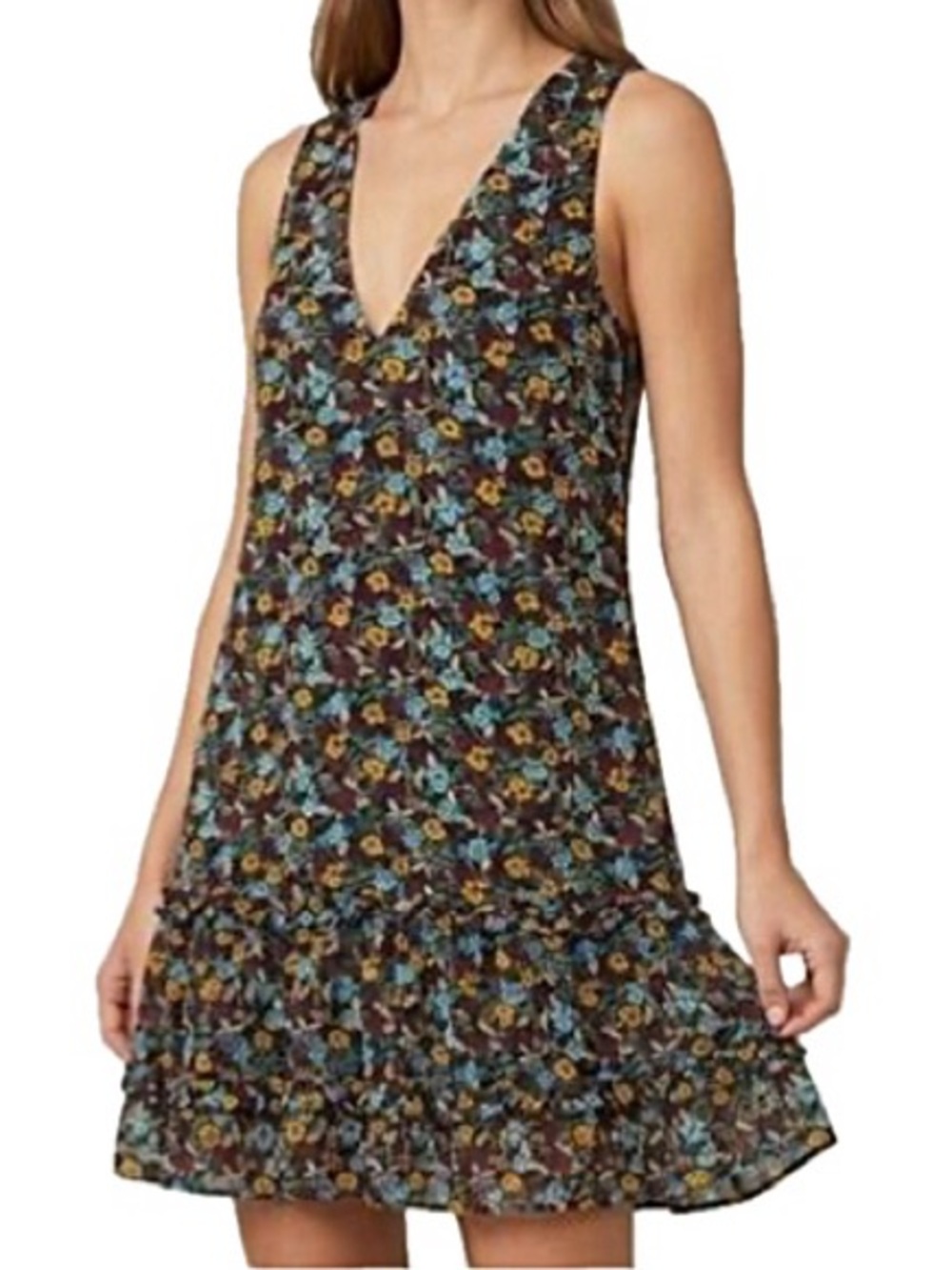 BCBG Paris Floral Sleeveless Tiered Ruffle Mini Dress Size Large A-Line V-Neck